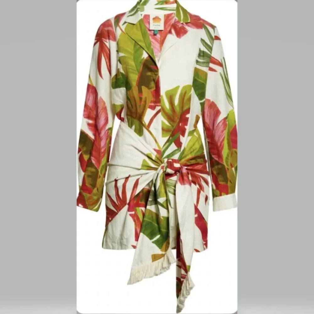 FARM Rio White Mini Dress with Green, Pink and Brown Tropical Leaves - Picture 9 of 13